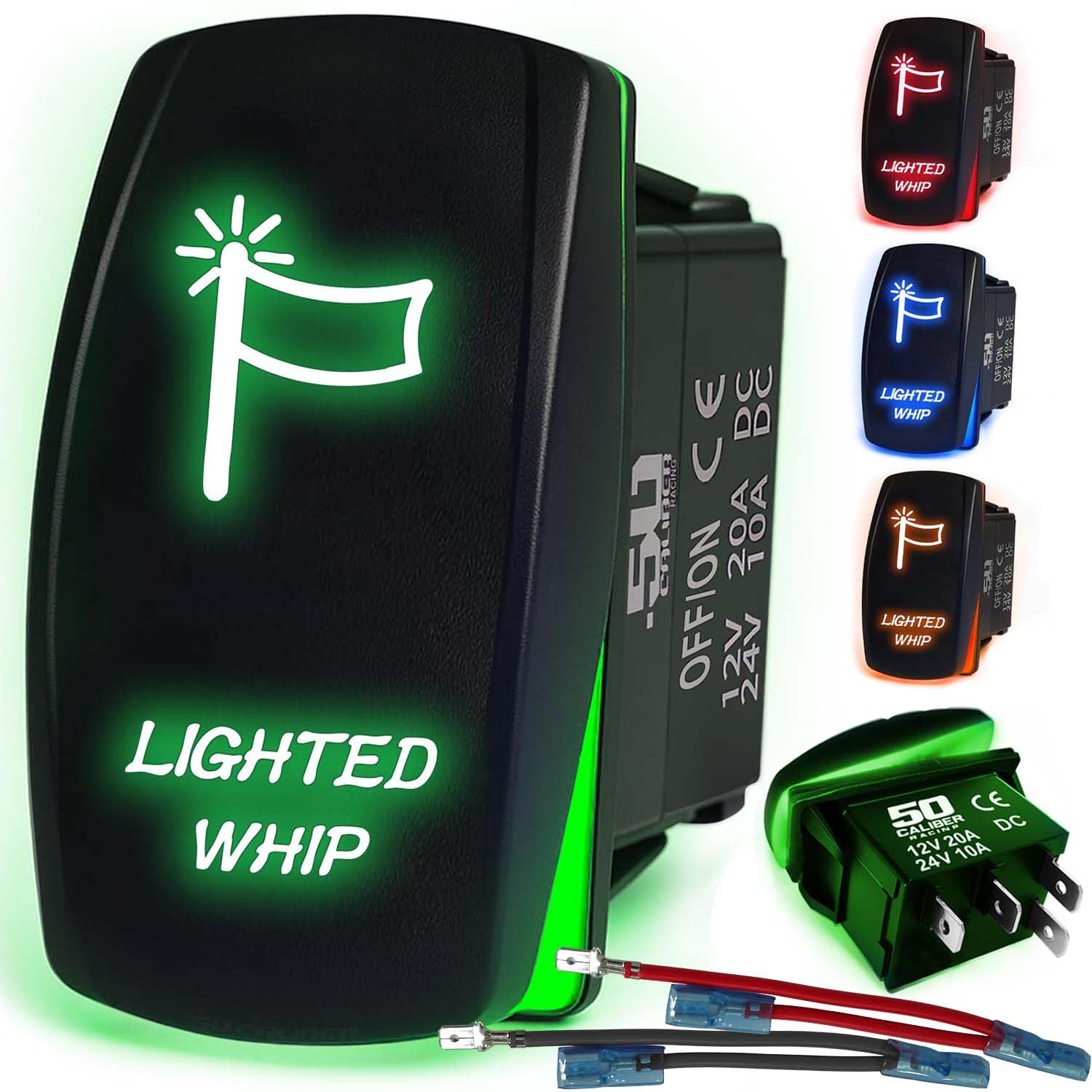 50 Caliber Racing Lighted Whip Rocker Switch - Green