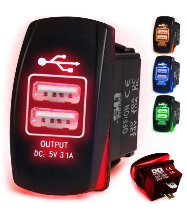 Dual type A USB LED illuminated rocker switch