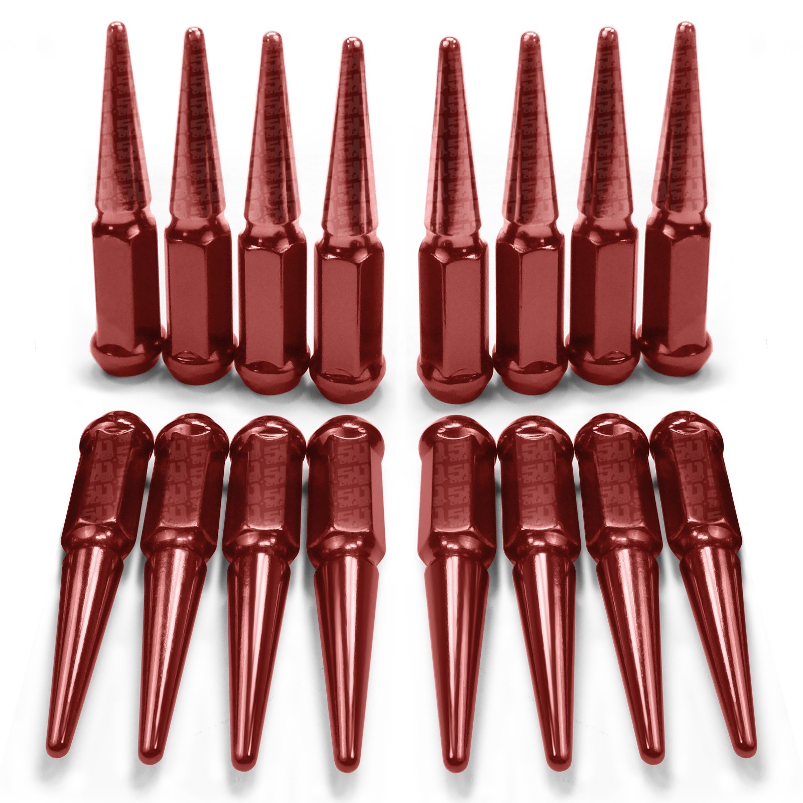 5296C1 50 Caliber Racing Set of 16 Solid Steel Spiked Lugs Nut Kit 10 x 1.25mm RH Thread Pitch Size fits Wheels with 60 Degree Conical Lug Nut Seats Red Finish 