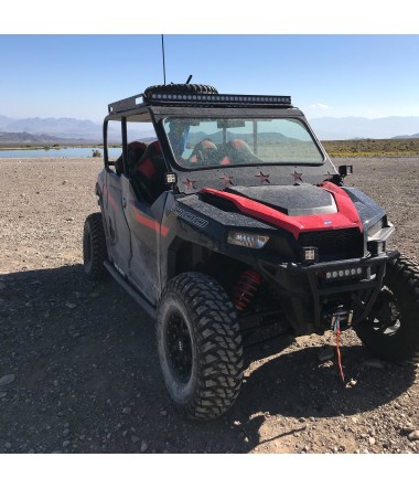 Polaris General Square Back Roll Cage 2016-2019  - Shown with optional roof rack, tire mount, windshield and powdercoat