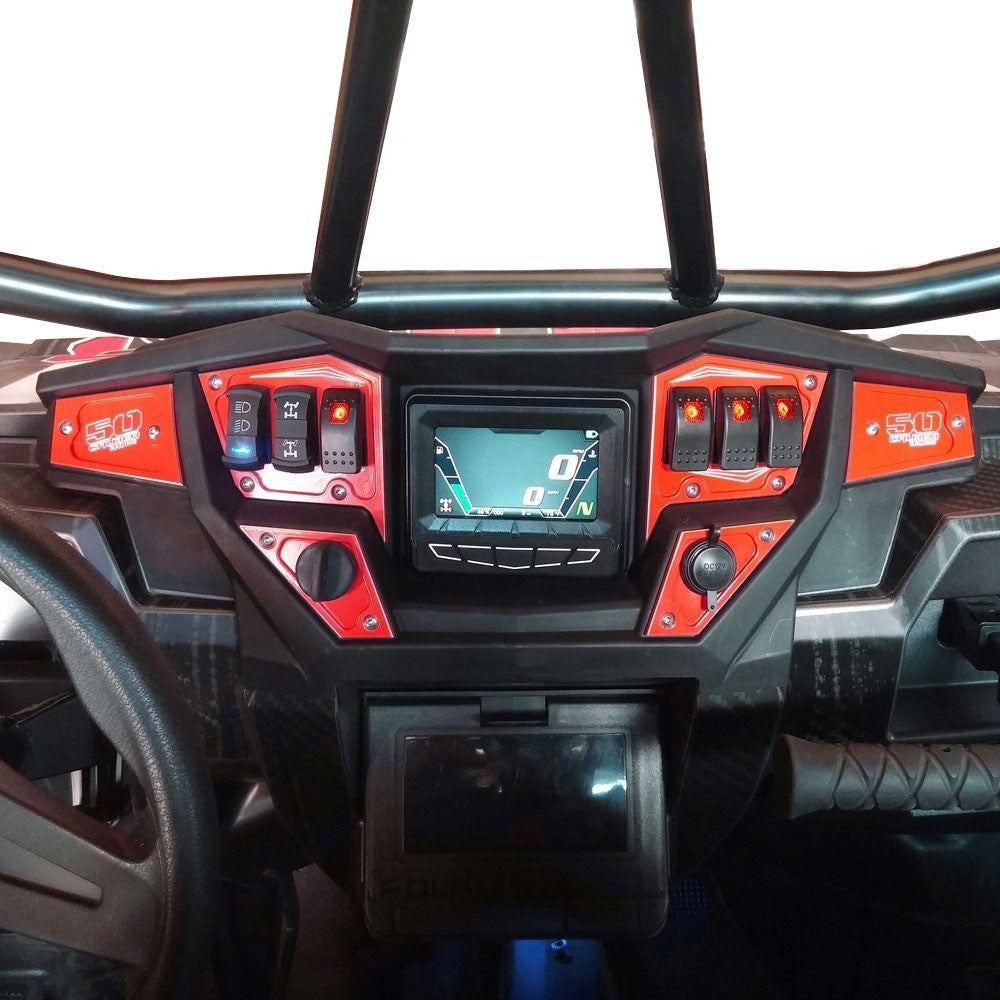 Polaris RZR Dash Panel Digital GPS 6 pc RED with switches installed