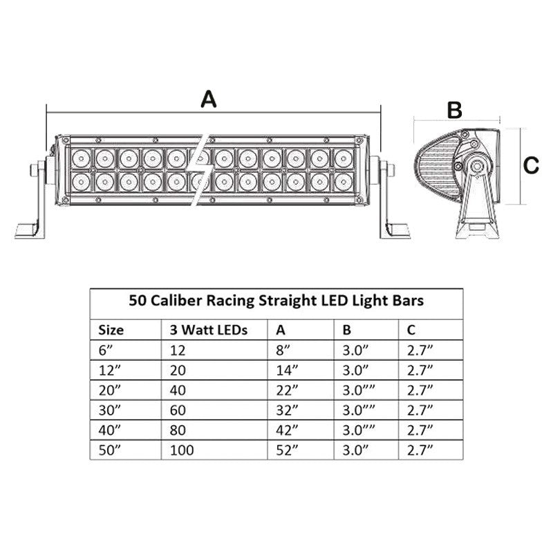 6 inch LED Light Bar - Dimensional Chart - 50 Caliber Racing