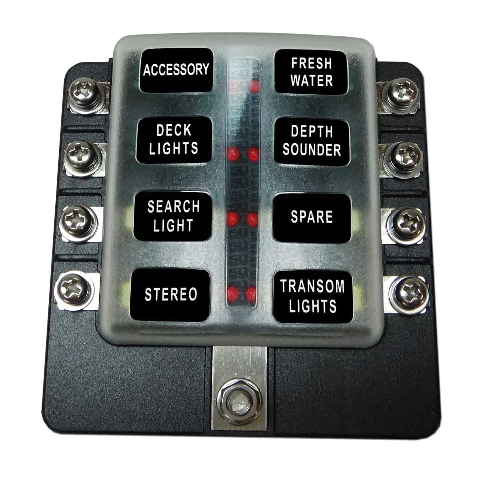 8 Way Fuse Block - Screw Terminals - LED Indicators