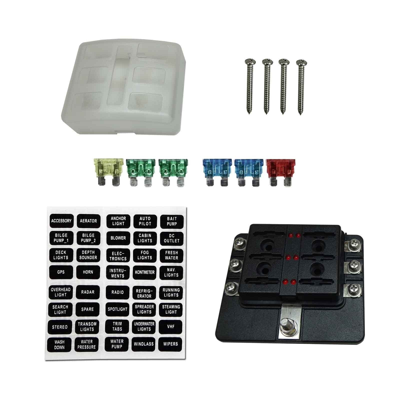 6 Way 12V Circuit Fuse Block - LED Indicators - Ring Terminals