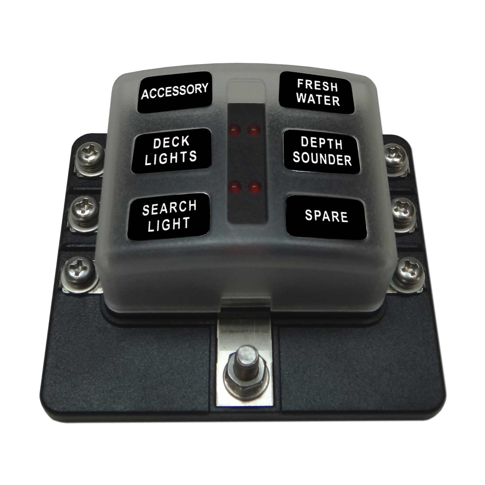 6 Way 12V Circuit Fuse Block - LED Indicators - Ring Terminals